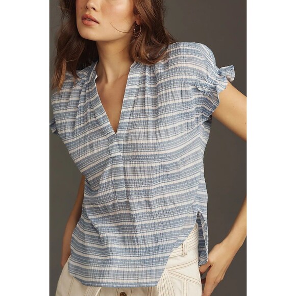Pilcro Anthropologie The Tatum Flutter-Sleeve Blouse Shirt Top Striped S 277864 - Picture 4 of 12